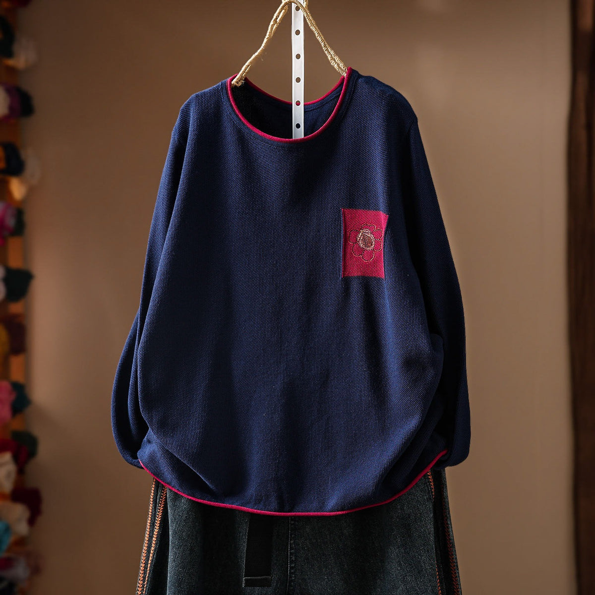 レトロ 刺繍 長袖 ラウンドネック ニットセーター