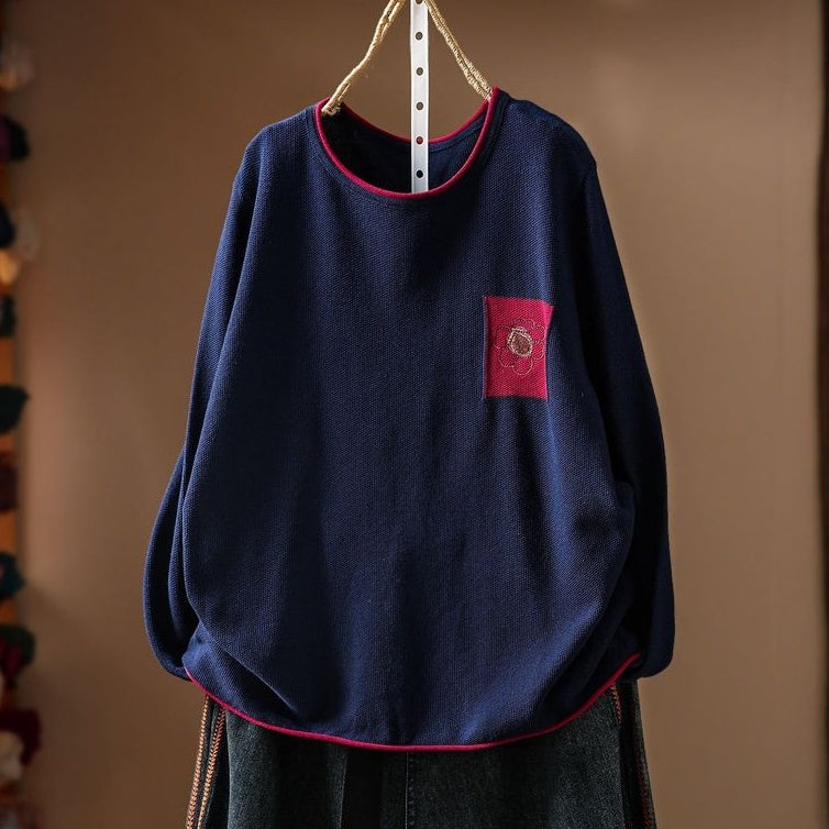 レトロ 刺繍 長袖 ラウンドネック ニットセーター