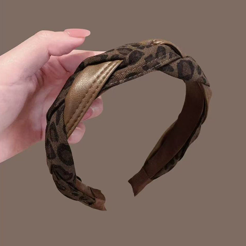ヒョウ柄 編み込みデザイン 高トップ ヘッドバンド