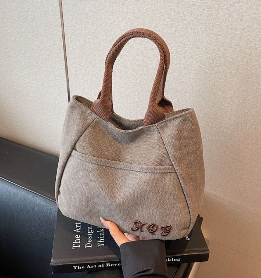 キャンバス 刺繍デザイン ポケット付き ハンドル付き トートバッグ