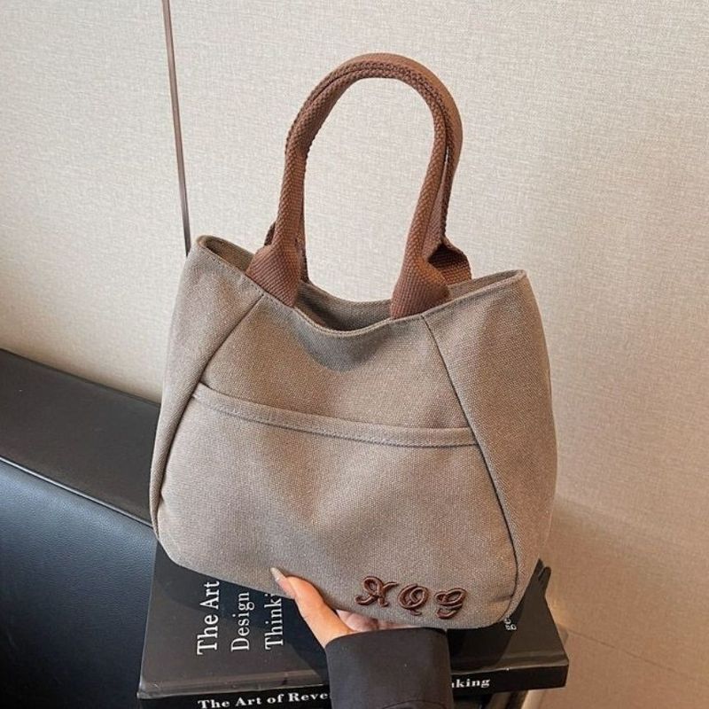キャンバス 刺繍デザイン ポケット付き ハンドル付き トートバッグ
