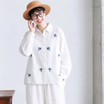 長袖 刺繍 ボタン開き 折り襟 レトロ シャツ