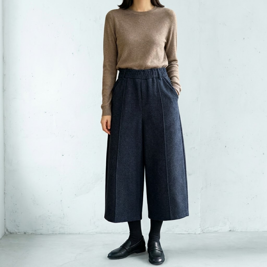 入荷 無地 ハイウエスト 8分丈 フェミニン ガウチョパンツ