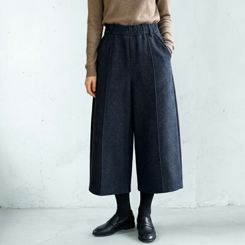 入荷 無地 ハイウエスト 8分丈 フェミニン ガウチョパンツ