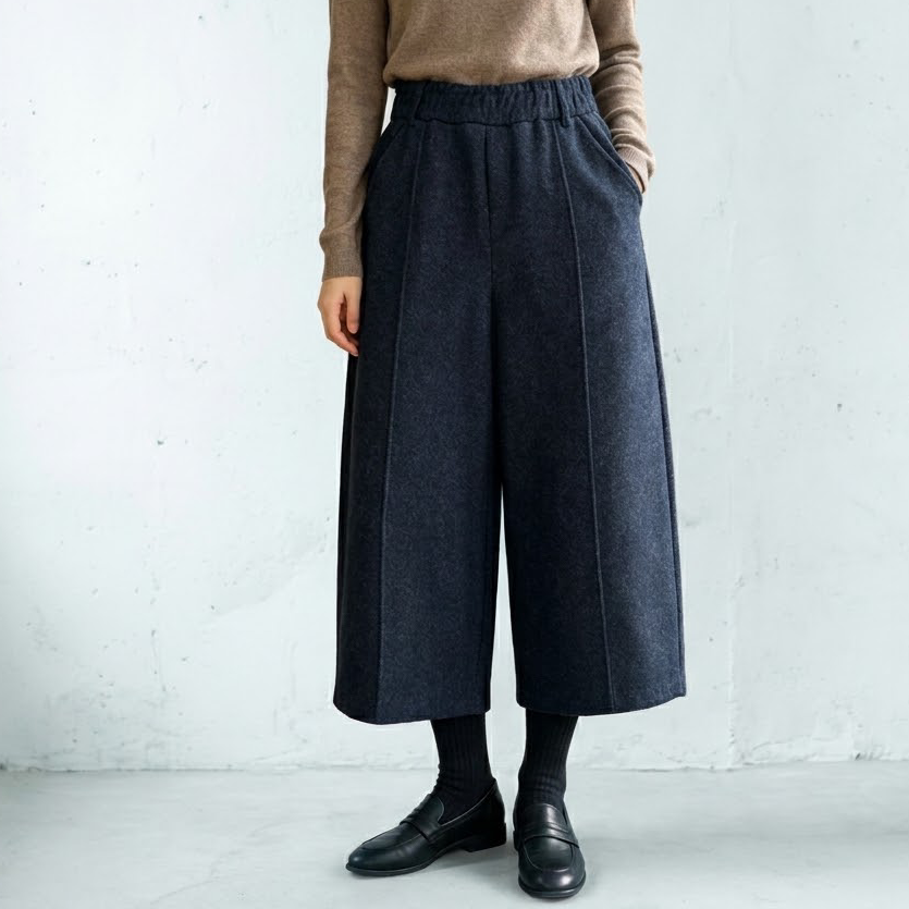 入荷 無地 ハイウエスト 8分丈 フェミニン ガウチョパンツ