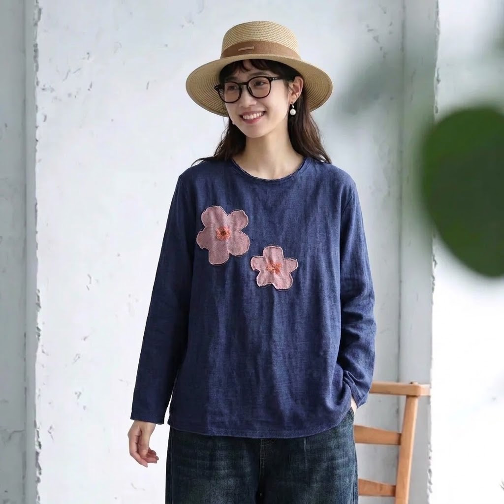 新品殺到 花模様 切り替え ラウンドネック 長袖 Tシャツ
