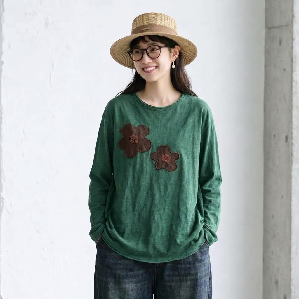 新品殺到 花模様 切り替え ラウンドネック 長袖 Tシャツ