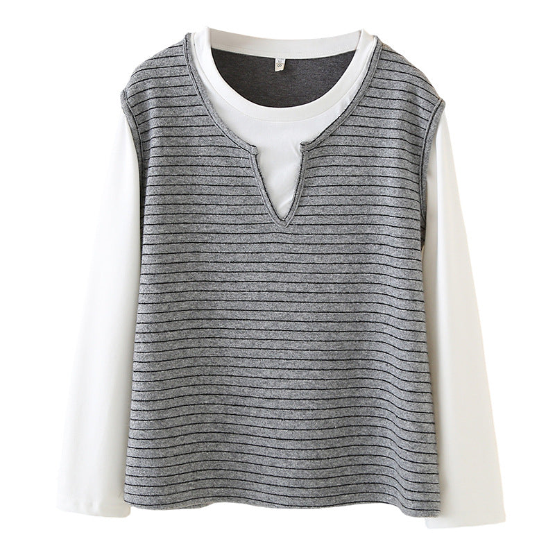 ボーダー キーネック セット風デザイン 切り替え袖 Tシャツ