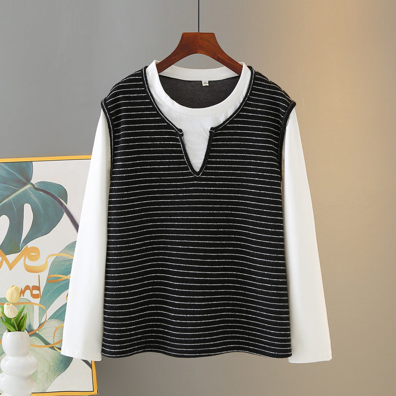 ボーダー キーネック セット風デザイン 切り替え袖 Tシャツ