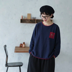 レトロ 刺繍 長袖 ラウンドネック ニットセーター
