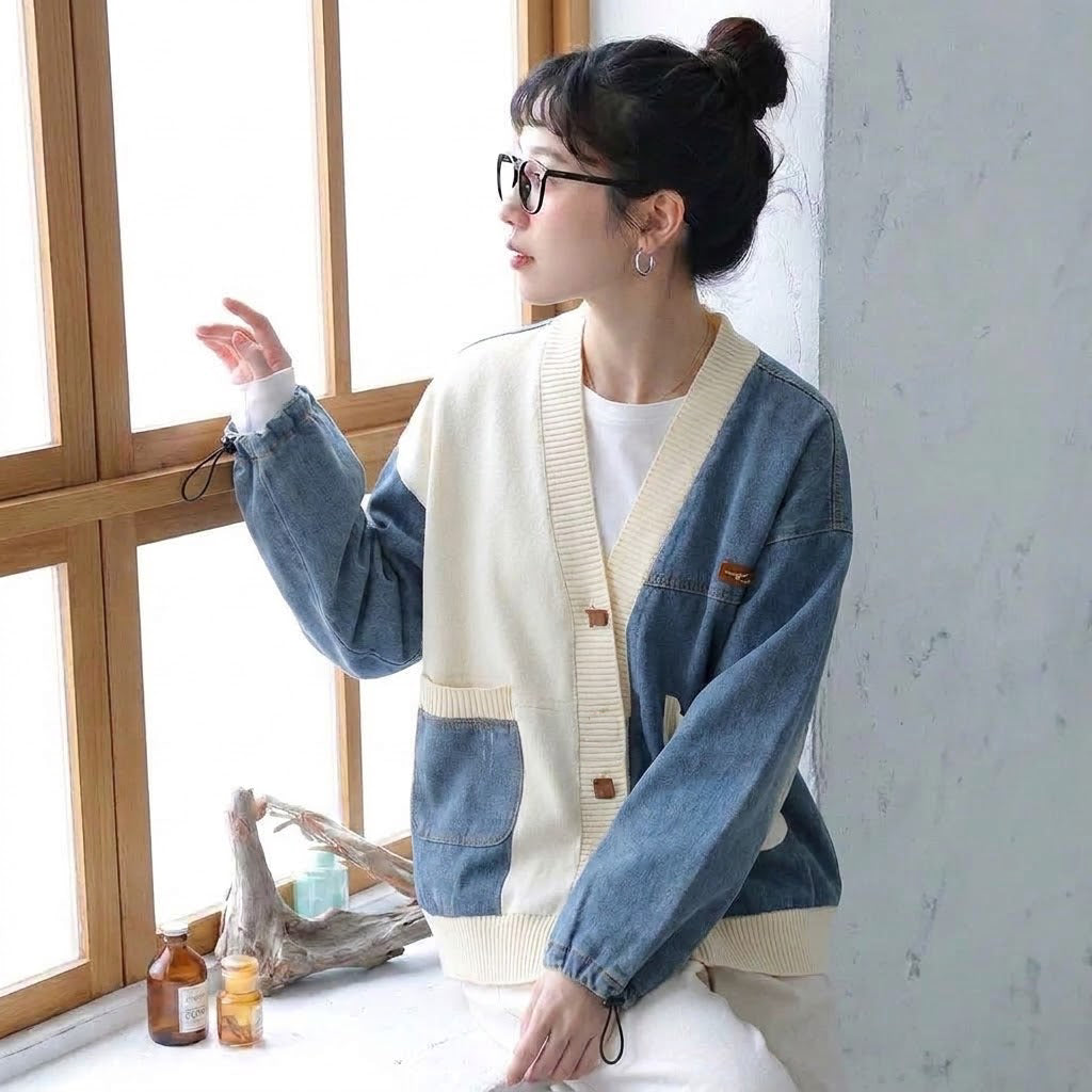 配色 長袖 カーディガン