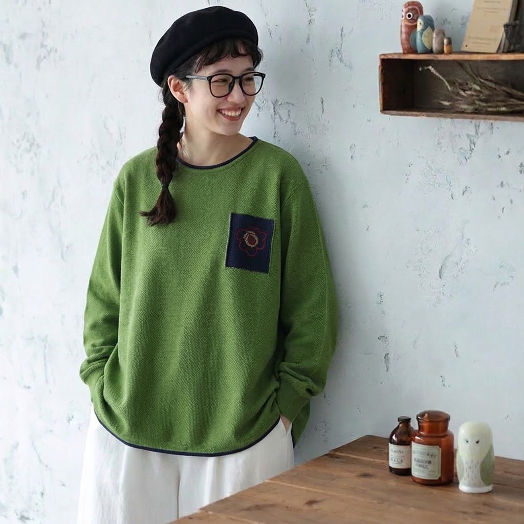 レトロ 刺繍 長袖 ラウンドネック ニットセーター