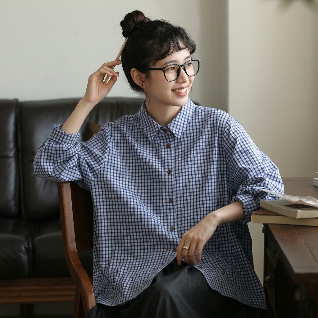 千鳥格子 ボタン開き 折り襟 長袖 シャツ