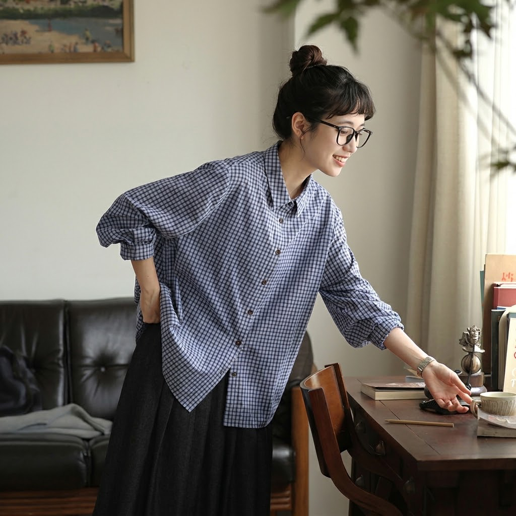 千鳥格子 ボタン開き 折り襟 長袖 シャツ