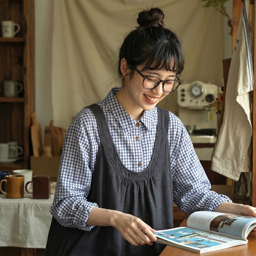 千鳥格子 ボタン開き 折り襟 長袖 シャツ