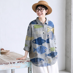 綿麻混 フィッシュ柄 プリント 長袖 シャツ