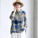 綿麻混 フィッシュ柄 プリント 長袖 シャツ