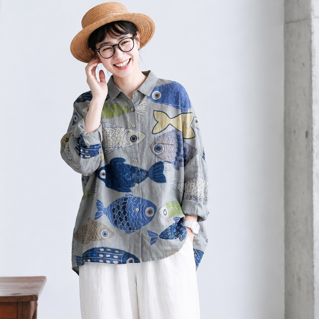 綿麻混 フィッシュ柄 プリント 長袖 シャツ