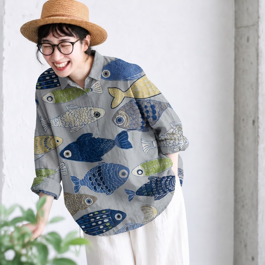 綿麻混 フィッシュ柄 プリント 長袖 シャツ