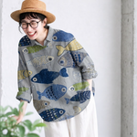 綿麻混 フィッシュ柄 プリント 長袖 シャツ