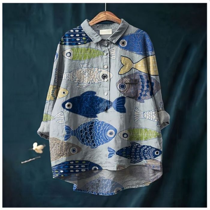 綿麻混 フィッシュ柄 プリント 長袖 シャツ