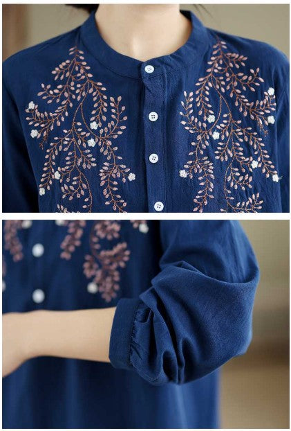 スタンドカラー 刺繍 ロング丈 シャツ