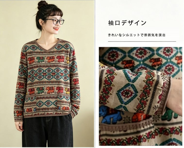 綿麻 Vネック 幾何総柄 長袖 Tシャツ