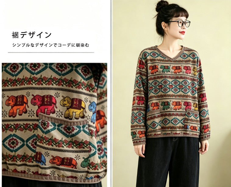 綿麻 Vネック 幾何総柄 長袖 Tシャツ