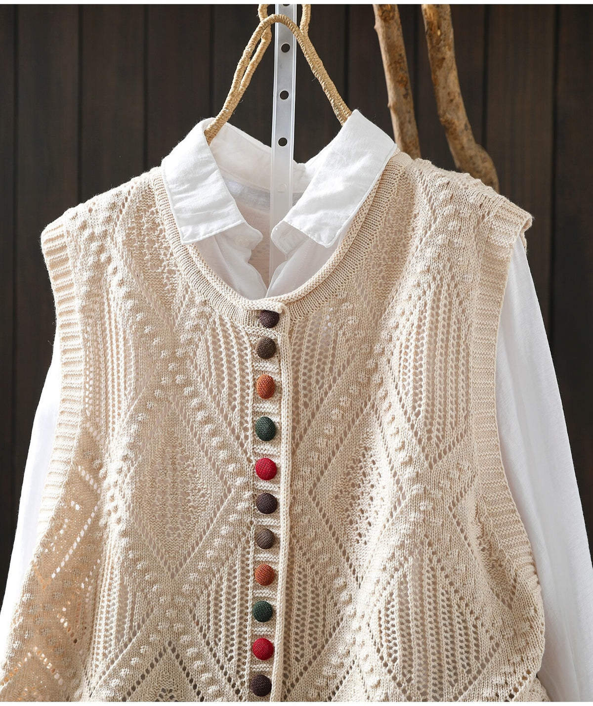 無地 ボタン ニット コットン ベスト
