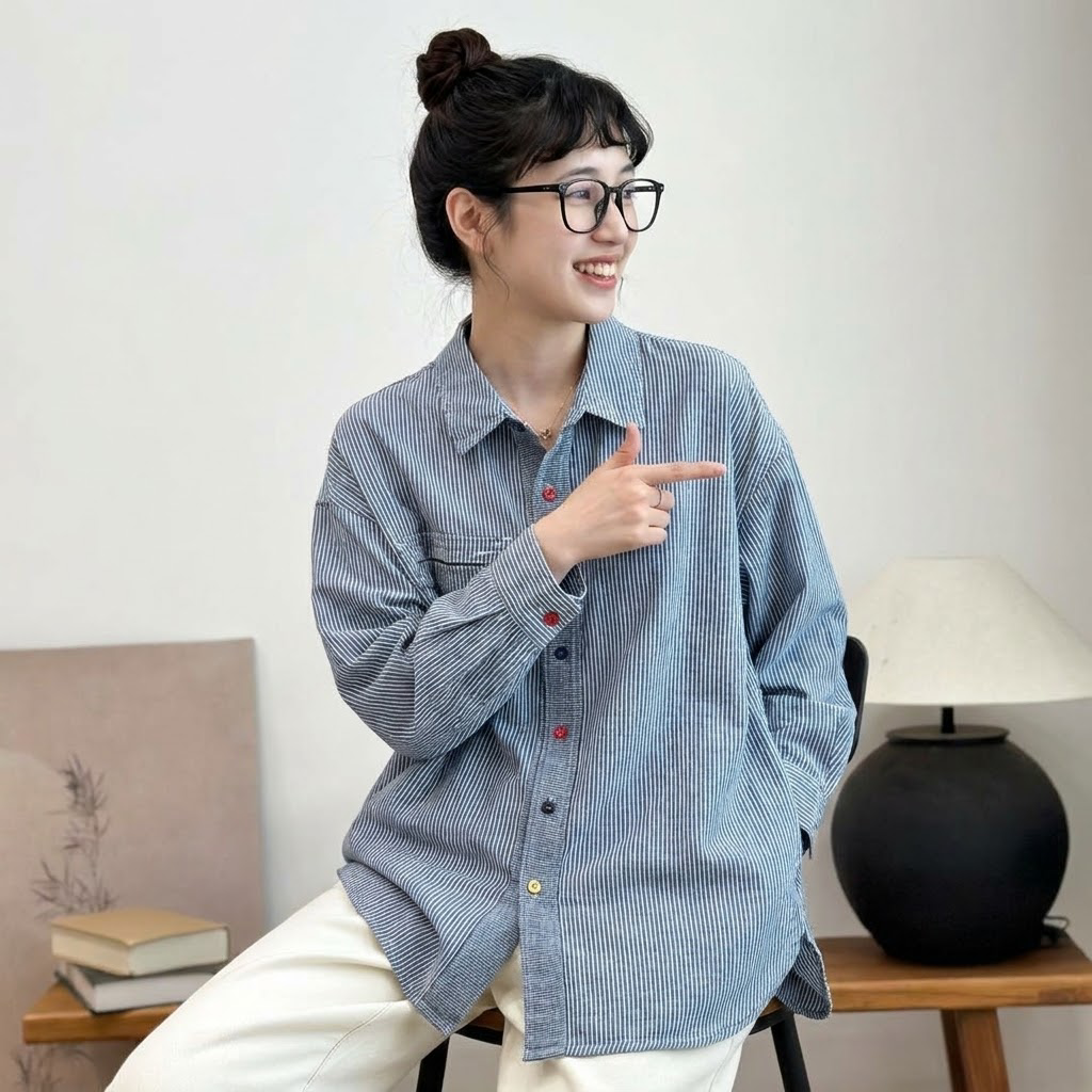 新発売 折り襟 ボタン開き レトロ ストライプ柄 長袖 シャツ