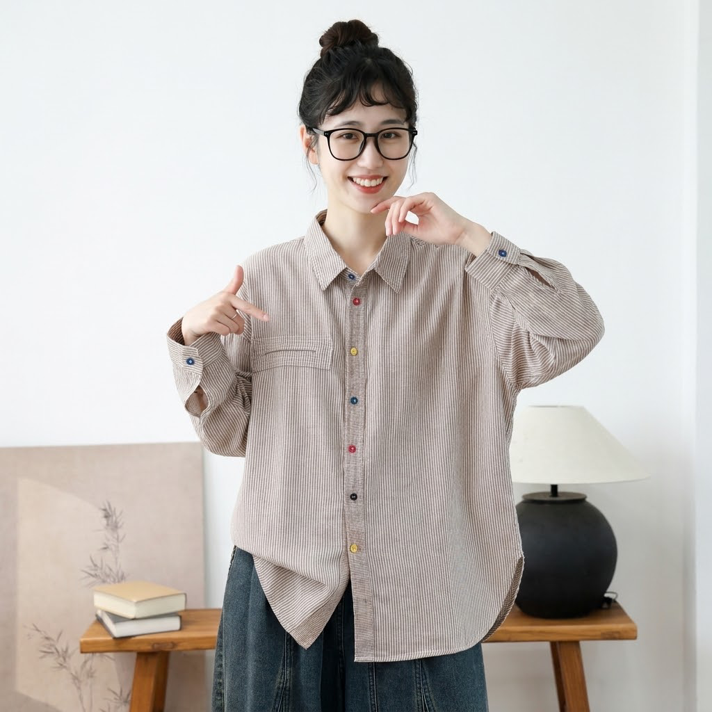 新発売 折り襟 ボタン開き レトロ ストライプ柄 長袖 シャツ