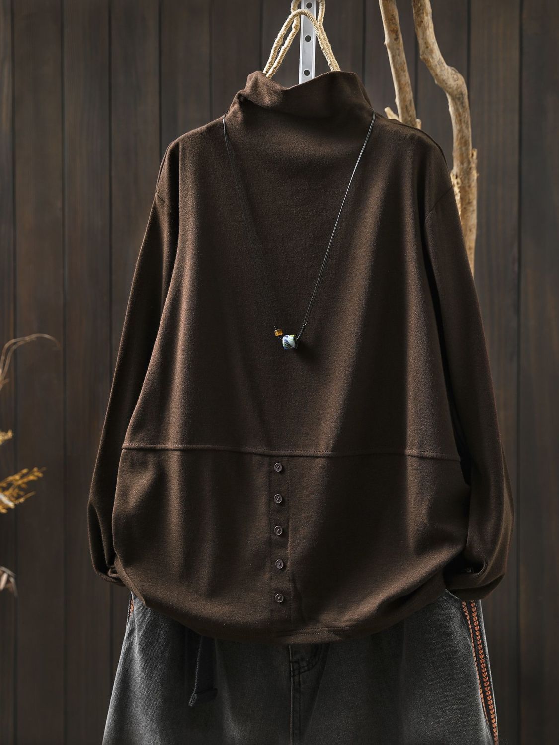 L～5XL モックネック バックボタン ルーズ レトロ 長袖 Ｔシャツ