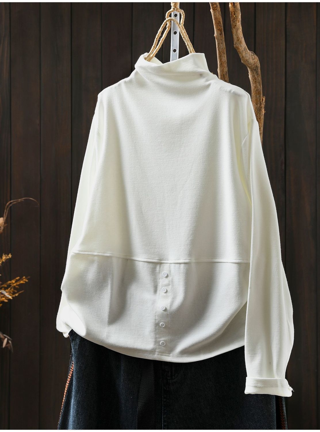 L～5XL モックネック バックボタン ルーズ レトロ 長袖 Ｔシャツ