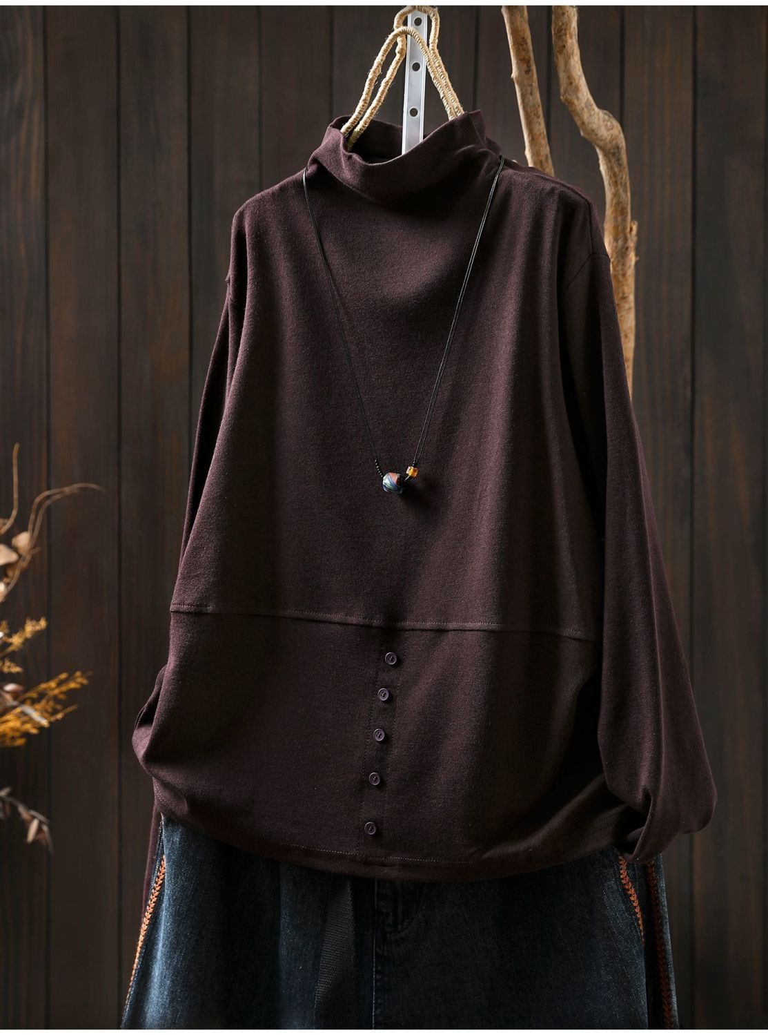 L～5XL モックネック バックボタン ルーズ レトロ 長袖 Ｔシャツ