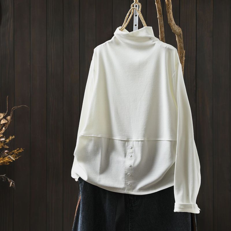 L～5XL モックネック バックボタン ルーズ レトロ 長袖 Ｔシャツ