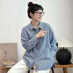 新発売 折り襟 ボタン開き レトロ ストライプ柄 長袖 シャツ