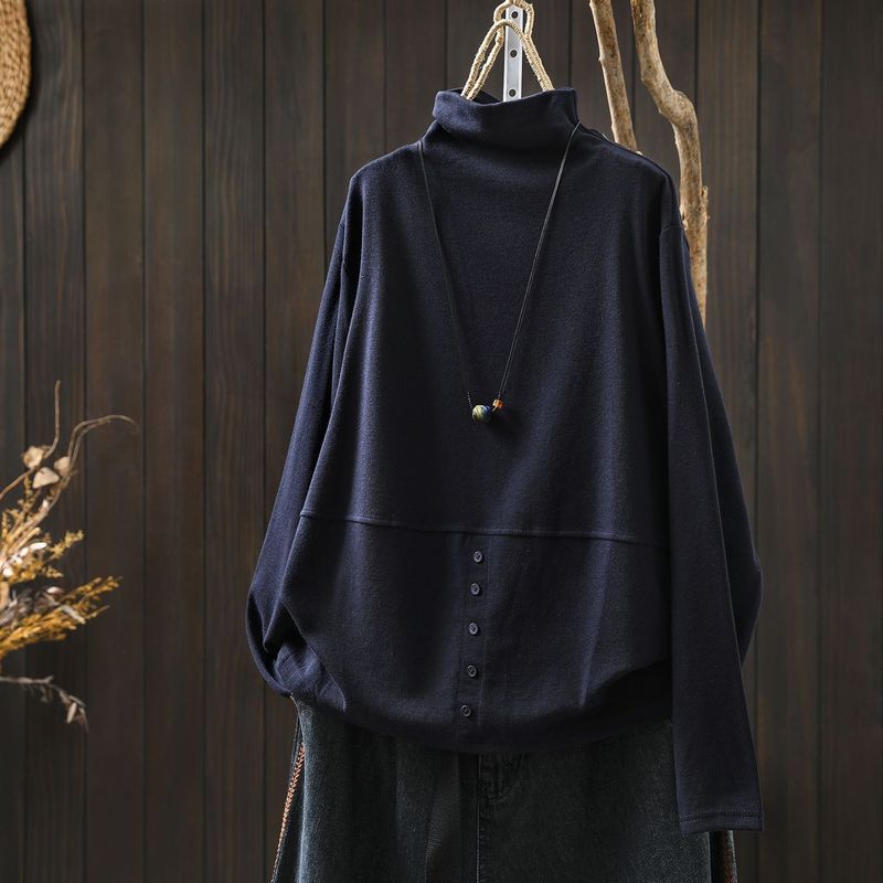 L～5XL モックネック バックボタン ルーズ レトロ 長袖 Ｔシャツ