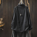 L～5XL モックネック バックボタン ルーズ レトロ 長袖 Ｔシャツ