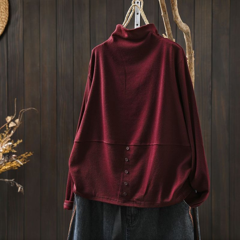 L～5XL モックネック バックボタン ルーズ レトロ 長袖 Ｔシャツ