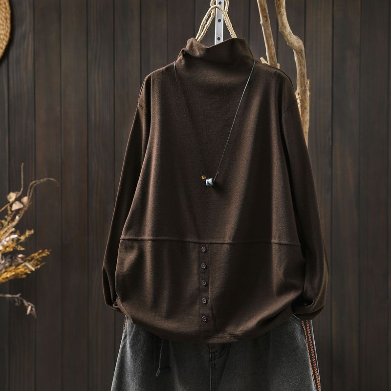 L～5XL モックネック バックボタン ルーズ レトロ 長袖 Ｔシャツ
