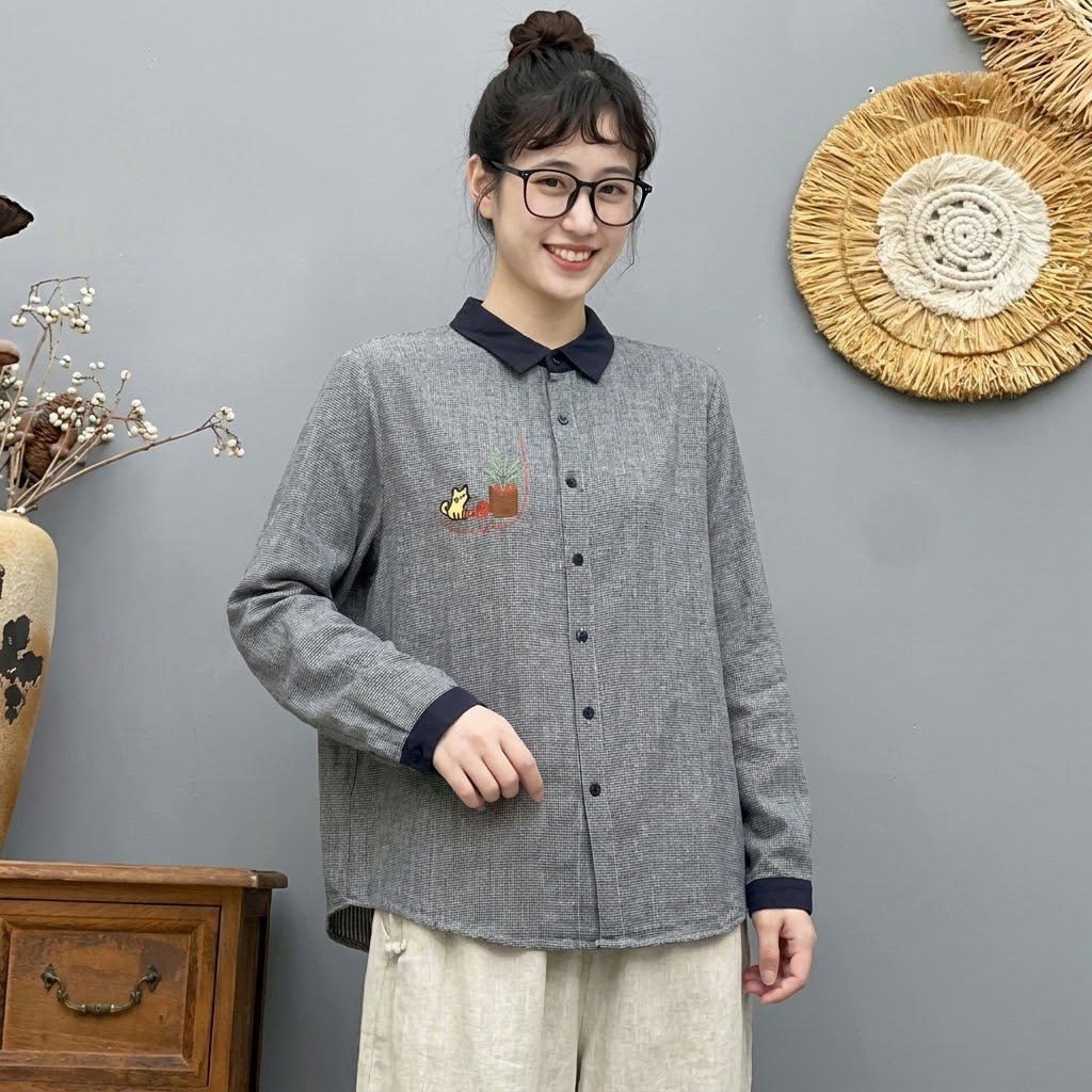 大流行 千鳥格子 配色 刺繍 ボタン開き 長袖 シャツ