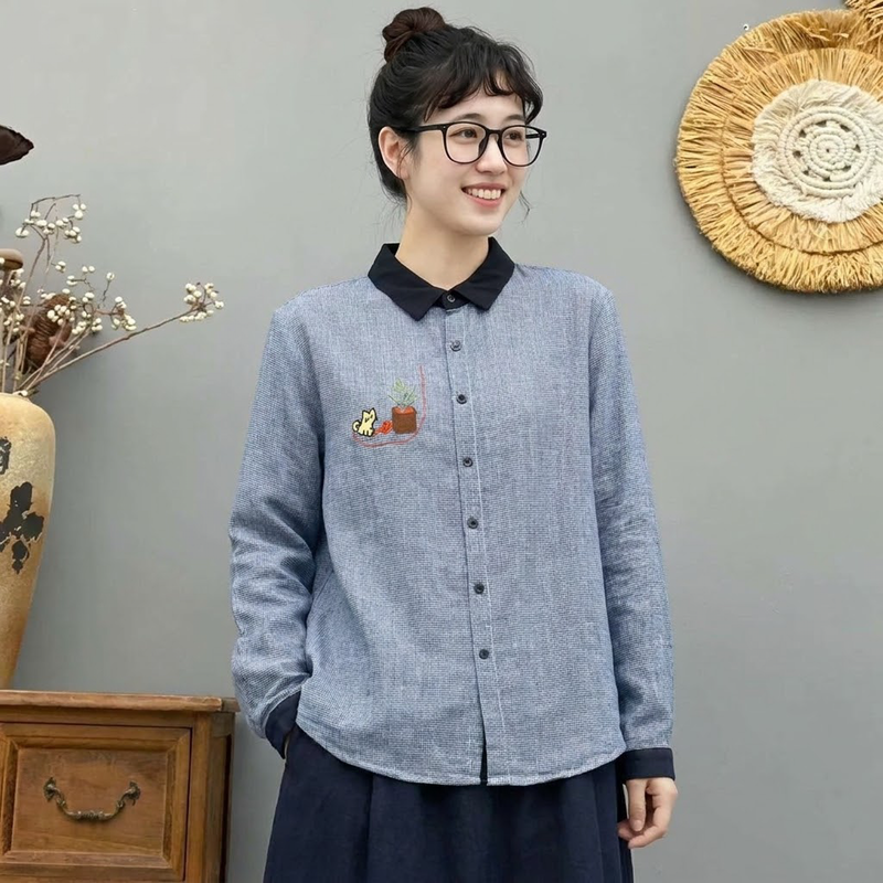 大流行 千鳥格子 配色 刺繍 ボタン開き 長袖 シャツ