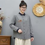 大流行 千鳥格子 配色 刺繍 ボタン開き 長袖 シャツ