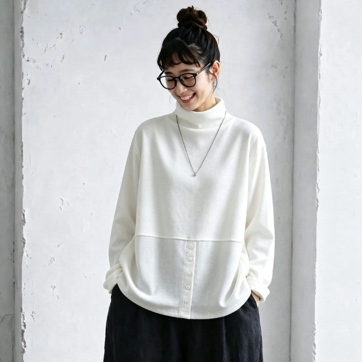 L～5XL モックネック バックボタン ルーズ レトロ 長袖 Ｔシャツ