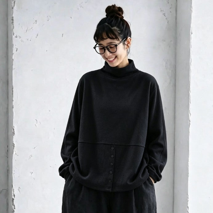 L～5XL モックネック バックボタン ルーズ レトロ 長袖 Ｔシャツ