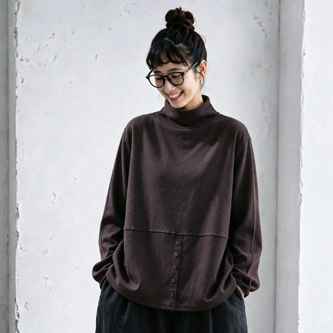 L～5XL モックネック バックボタン ルーズ レトロ 長袖 Ｔシャツ