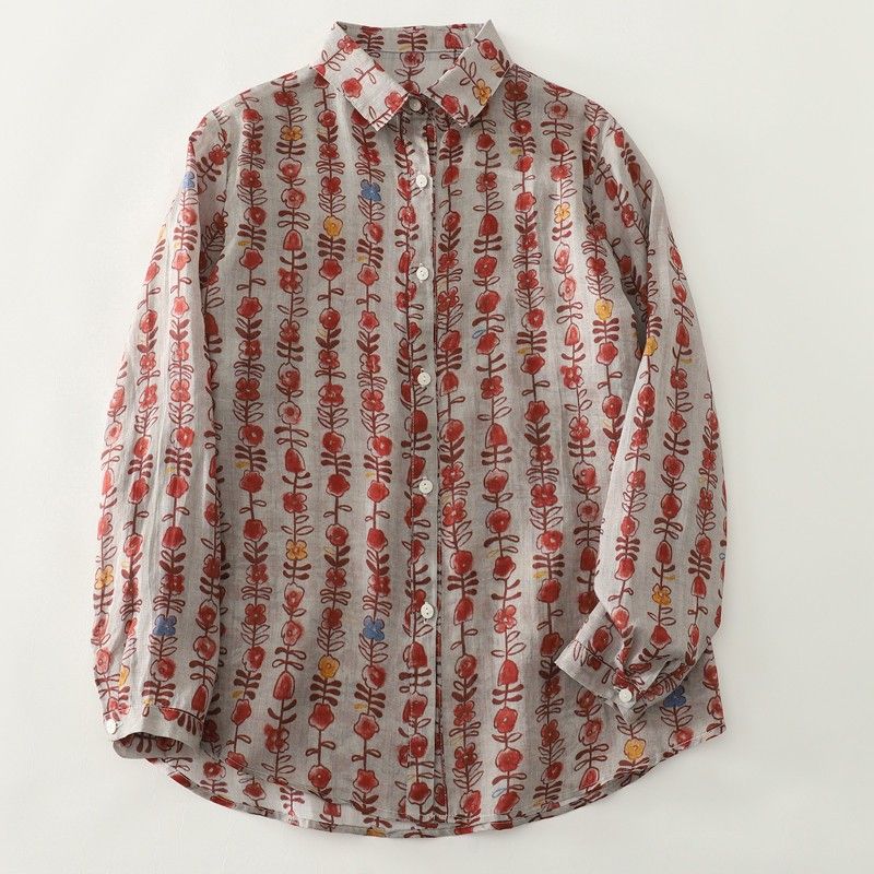 綿麻 ストライプ柄 花模様 レトロ シャツ