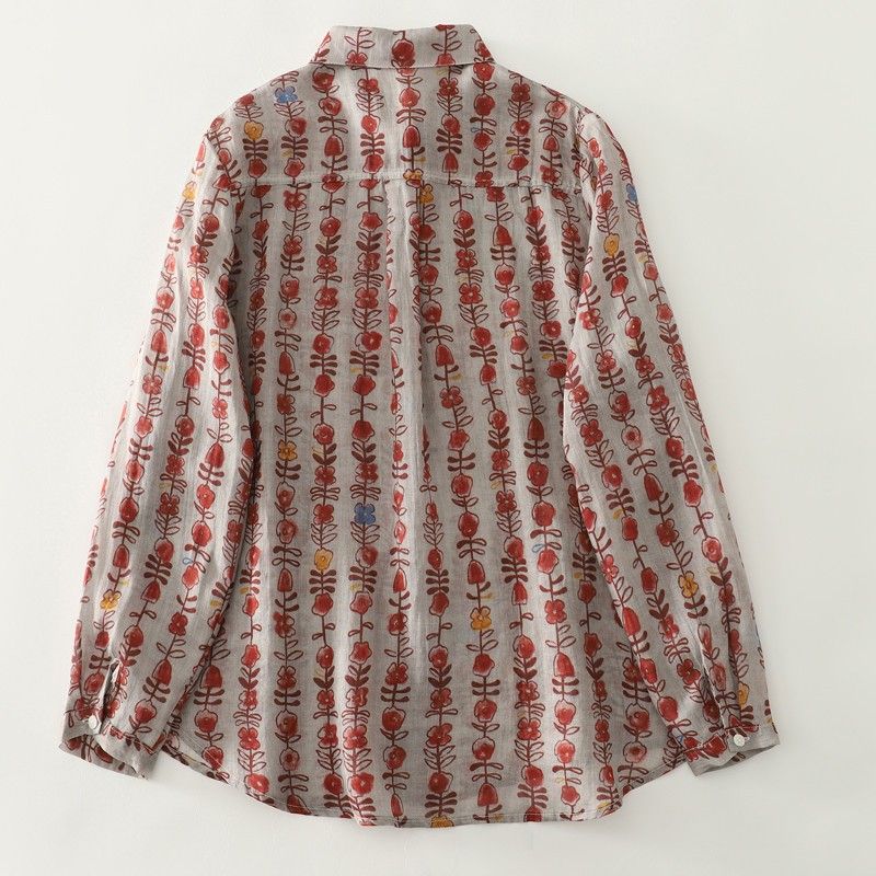 綿麻 ストライプ柄 花模様 レトロ シャツ