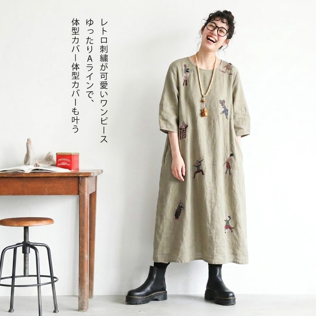 リネン 刺繍 丸首 半袖 Aライン ワンピース