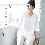 M-4XL 綿麻 刺繍 Vネック 半袖 ミディアム丈 チュニック